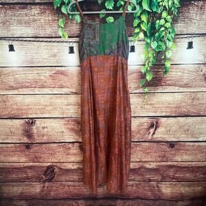 Guru 100% Silk Maxi Dress XL Sleeveless Boho Colorblock Floral Rust Orange Green